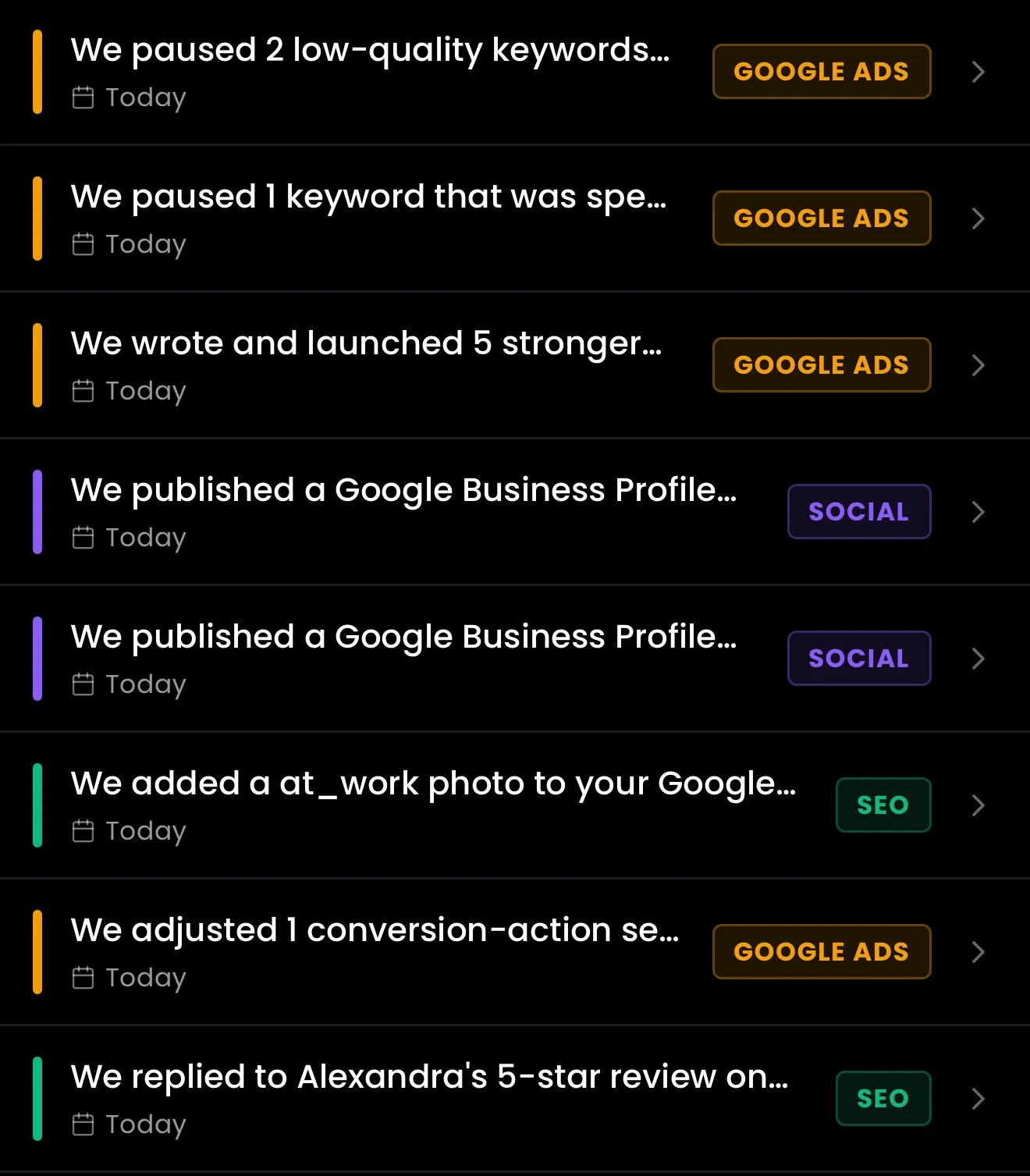 Cortex app: the work feed showing tasks completed on your account
